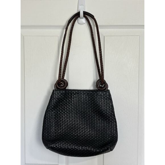 Vtg Neiman Marcus Woven Purse Wooden Grommets Made in Italy Black Brown Boho - Picture 1 of 9